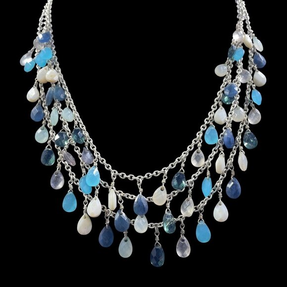 Boho Mermaidcore Layered Gemstone Dangle Necklace Silver Tone Coastal Resort - Picture 3 of 7